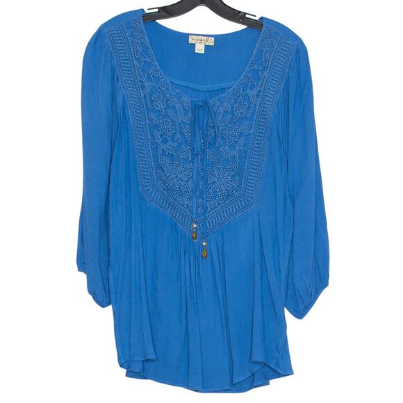 One World Top 3/4 Sleeve Y2K Boho Cottage Peasant Coastal Gauze Lace Blue Small - Picture 1 of 4